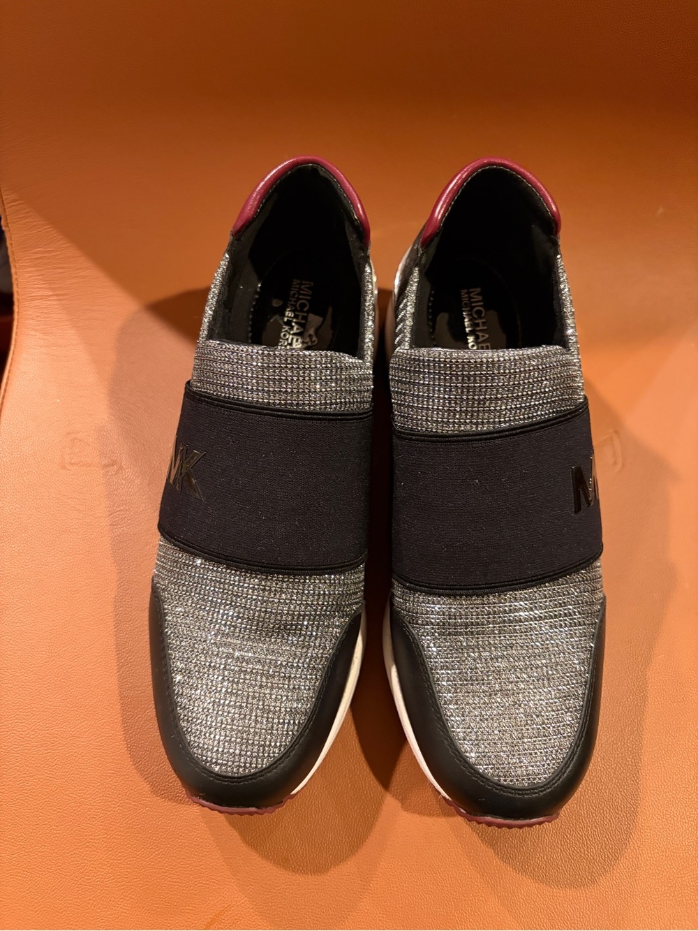 MICHAEL Michael Kors Glitter Slip-On Sneakers - Black & Silver with Pink Heel